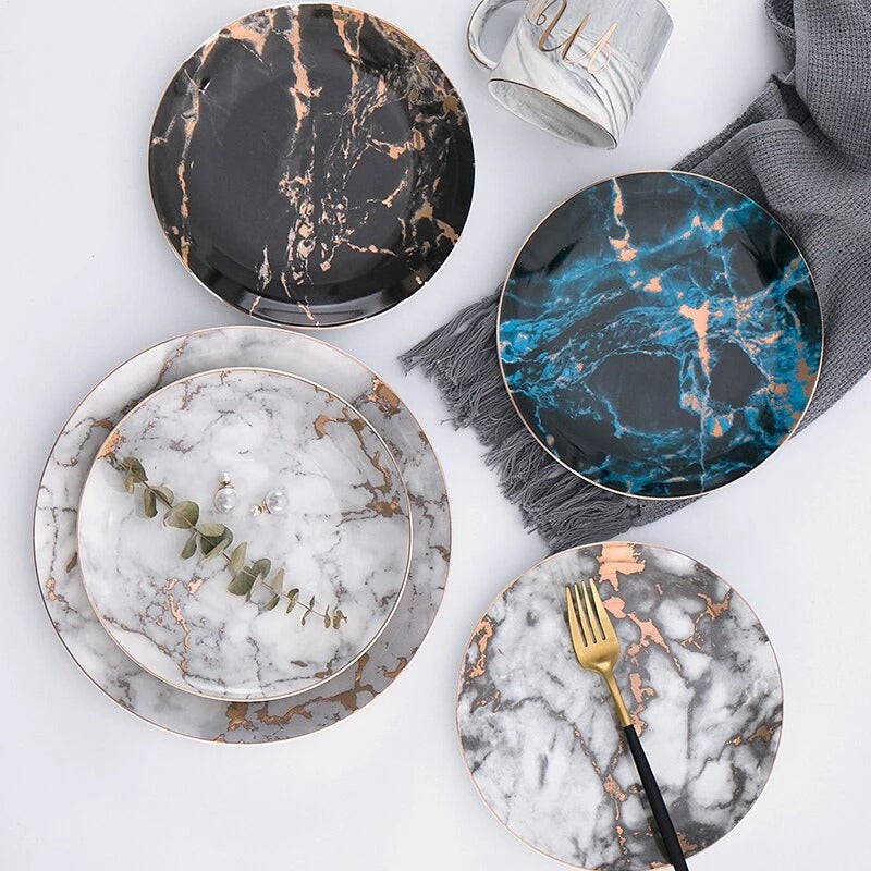 Western Ceramic Steak Plate with Gold Rim Elegant Dinner Serving Dish for Steak, Pasta & Main Course