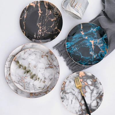 Western Ceramic Steak Plate with Gold Rim Elegant Dinner Serving Dish for Steak, Pasta & Main Course