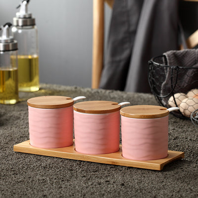 Japanese Style Ceramic Seasoning Jar Set (3PCS) Kitchen Spice Containers with Lid & Spoon