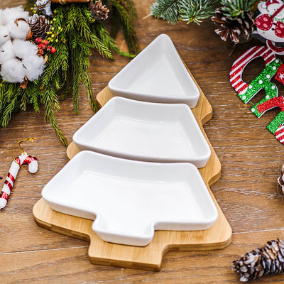 4PCS Christmas Tree Ceramic Plate Set Holiday Snack Tray with Bamboo Stand Festive Serving Dish & Decoration
