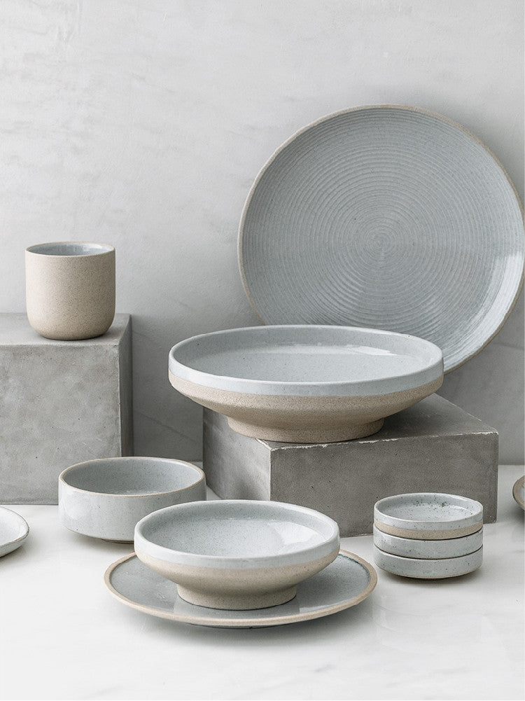 Nordic Porcelain Dinnerware Set Flat Plates, Bowls & Sauce Dish Collection Minimalist Tableware Set