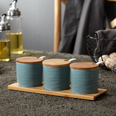 Japanese Style Ceramic Seasoning Jar Set (3PCS) Kitchen Spice Containers with Lid & Spoon