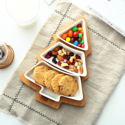 4PCS Christmas Tree Ceramic Plate Set Holiday Snack Tray with Bamboo Stand Festive Serving Dish & Decoration