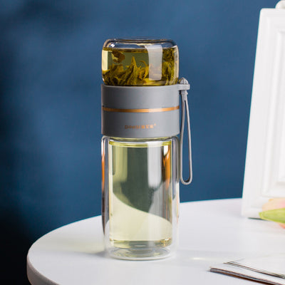 Double Wall Glass Water Bottle with Tea Infuser Leakproof Borosilicate Tea Separation Bottle (400–450ml)