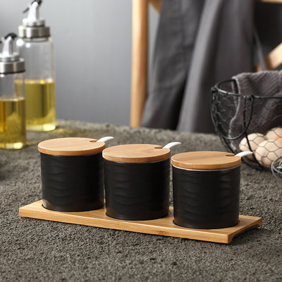 Japanese Style Ceramic Seasoning Jar Set (3PCS) Kitchen Spice Containers with Lid & Spoon