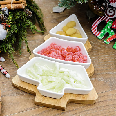 4PCS Christmas Tree Ceramic Plate Set Holiday Snack Tray with Bamboo Stand Festive Serving Dish & Decoration