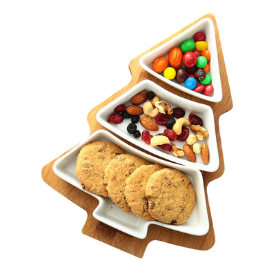 4PCS Christmas Tree Ceramic Plate Set Holiday Snack Tray with Bamboo Stand Festive Serving Dish & Decoration