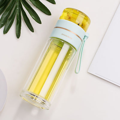Double Wall Glass Water Bottle with Tea Infuser Leakproof Borosilicate Tea Separation Bottle (400–450ml)
