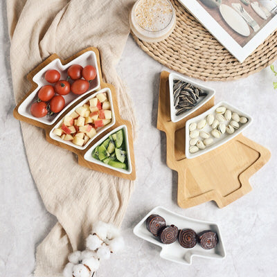 4PCS Christmas Tree Ceramic Plate Set Holiday Snack Tray with Bamboo Stand Festive Serving Dish & Decoration