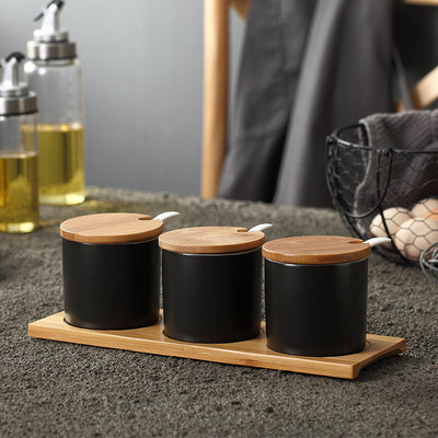 Japanese Style Ceramic Seasoning Jar Set (3PCS) Kitchen Spice Containers with Lid & Spoon