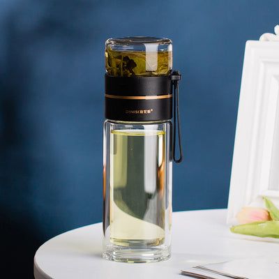 Double Wall Glass Water Bottle with Tea Infuser Leakproof Borosilicate Tea Separation Bottle (400–450ml)