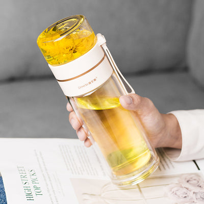 Double Wall Glass Water Bottle with Tea Infuser Leakproof Borosilicate Tea Separation Bottle (400–450ml)