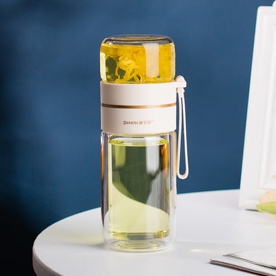 Double Wall Glass Water Bottle with Tea Infuser Leakproof Borosilicate Tea Separation Bottle (400–450ml)