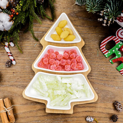 4PCS Christmas Tree Ceramic Plate Set Holiday Snack Tray with Bamboo Stand Festive Serving Dish & Decoration