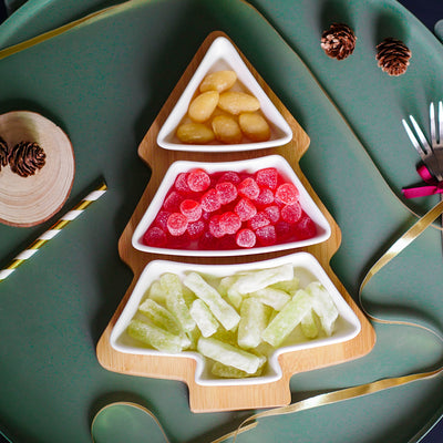 4PCS Christmas Tree Ceramic Plate Set Holiday Snack Tray with Bamboo Stand Festive Serving Dish & Decoration