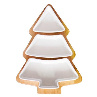 4PCS Christmas Tree Ceramic Plate Set Holiday Snack Tray with Bamboo Stand Festive Serving Dish & Decoration