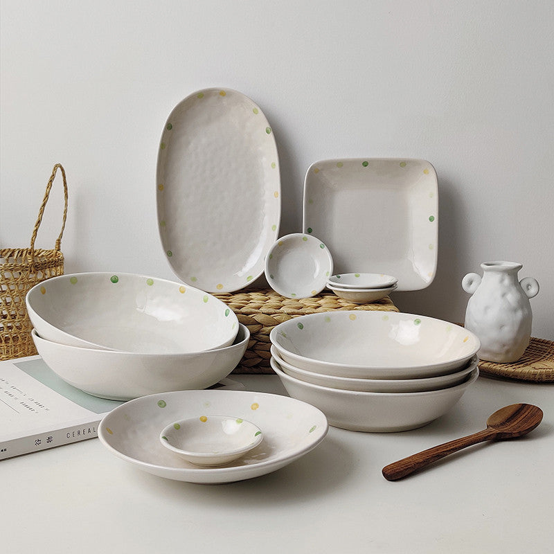 Japanese Dot Ceramic Plate Set Small Breakfast & Dessert Plates Irregular Oval & Round Porcelain Dishware