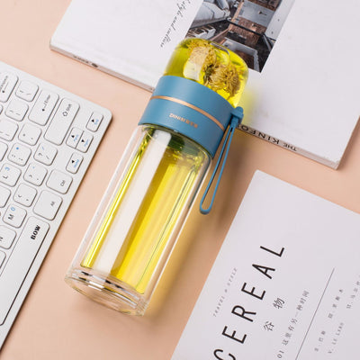 Double Wall Glass Water Bottle with Tea Infuser Leakproof Borosilicate Tea Separation Bottle (400–450ml)