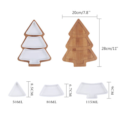 4PCS Christmas Tree Ceramic Plate Set Holiday Snack Tray with Bamboo Stand Festive Serving Dish & Decoration