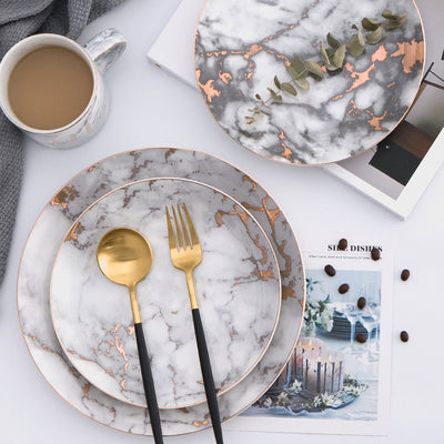 Western Ceramic Steak Plate with Gold Rim Elegant Dinner Serving Dish for Steak, Pasta & Main Course