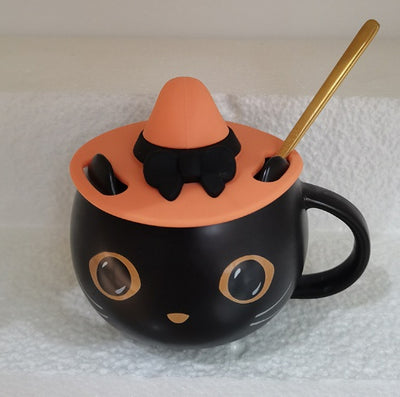 Pumpkin Covered Ceramic Mug with Spoon Creative Cat Shape Couple Gift Cup 301–400ml