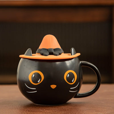 Pumpkin Covered Ceramic Mug with Spoon Creative Cat Shape Couple Gift Cup 301–400ml