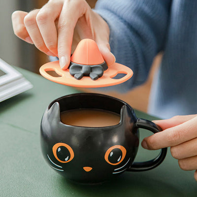 Pumpkin Covered Ceramic Mug with Spoon Creative Cat Shape Couple Gift Cup 301–400ml