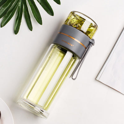 Double Wall Glass Water Bottle with Tea Infuser Leakproof Borosilicate Tea Separation Bottle (400–450ml)