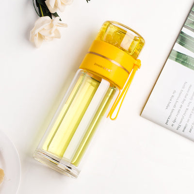 Double Wall Glass Water Bottle with Tea Infuser Leakproof Borosilicate Tea Separation Bottle (400–450ml)
